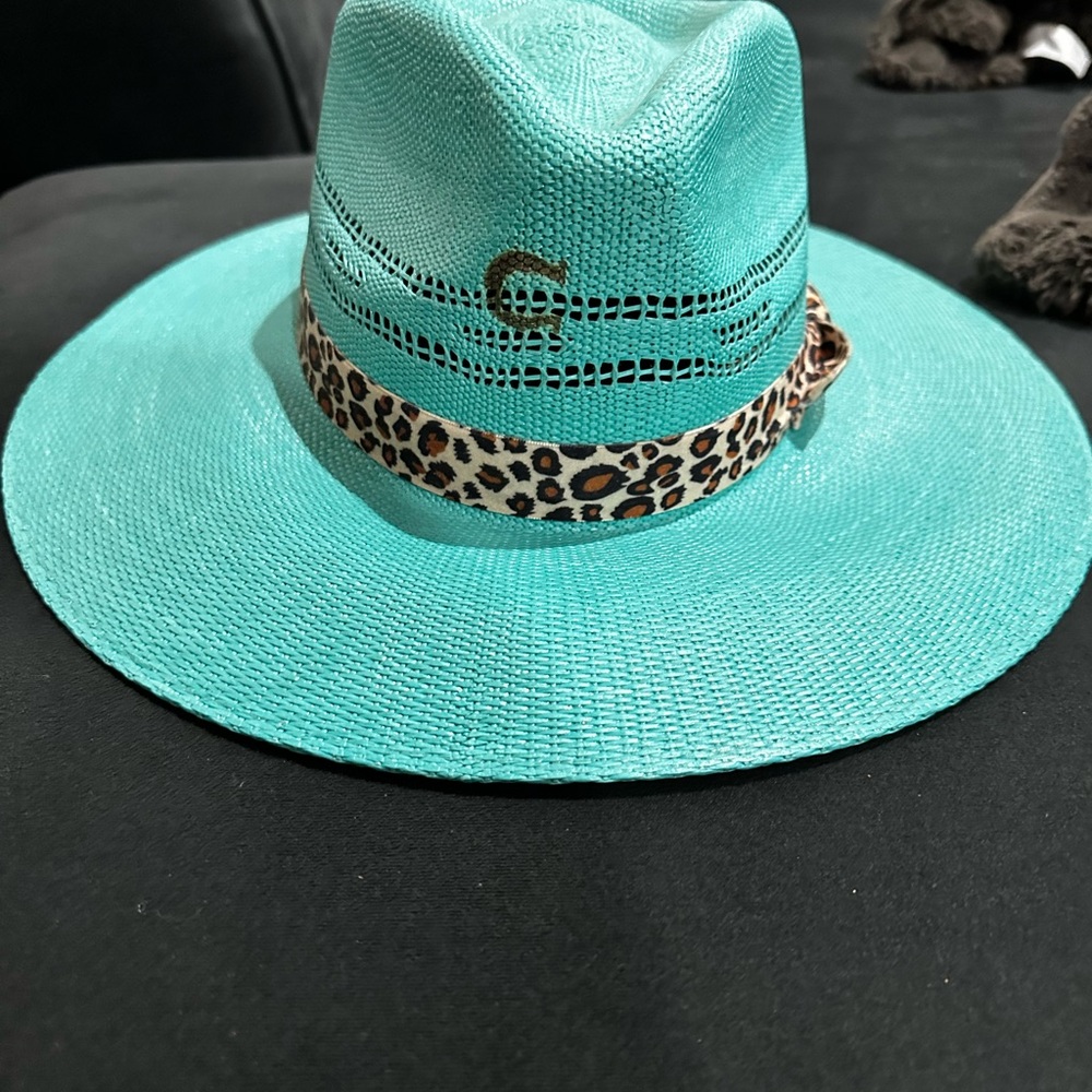 Chic Turquoise Wide-Brim Hat with Leopard Band